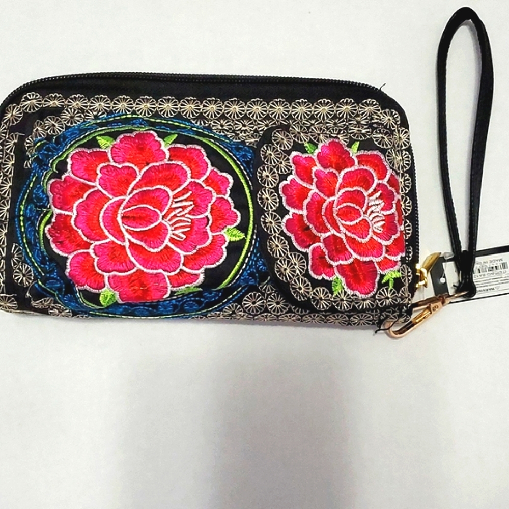 Boho Black Colorful Floral Embroidered Multi-section Wristlet